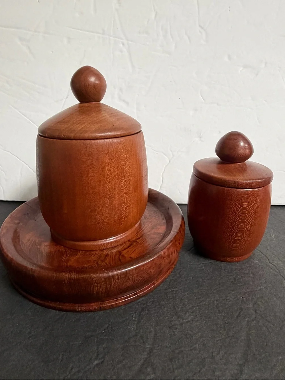 Set of Two Turned Wooden Canisters with Lids - Rich Brown
